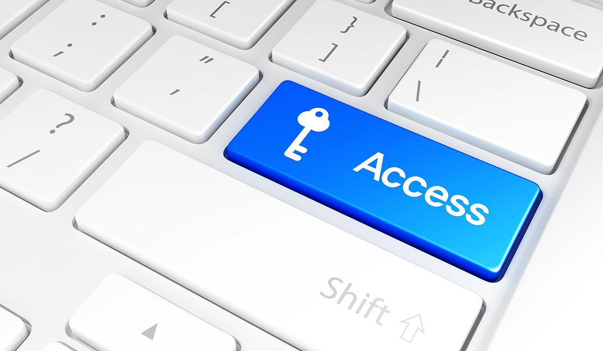 A white keyboard shows a large blue 'Access' key in place of the 'Enter' key. To the left of the word 'Access' is a key.