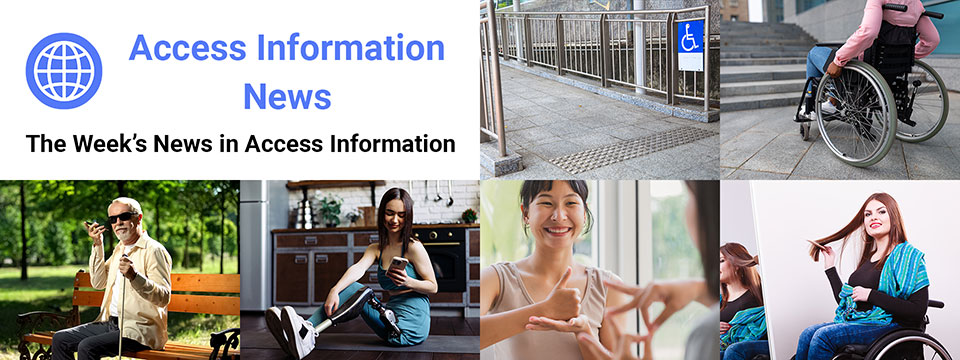 Access Information News logo. Forty-eight square boxes of the same size stacked in six rows of eight. Inside each box is a photo of a person with a disability using access information to improve their life.